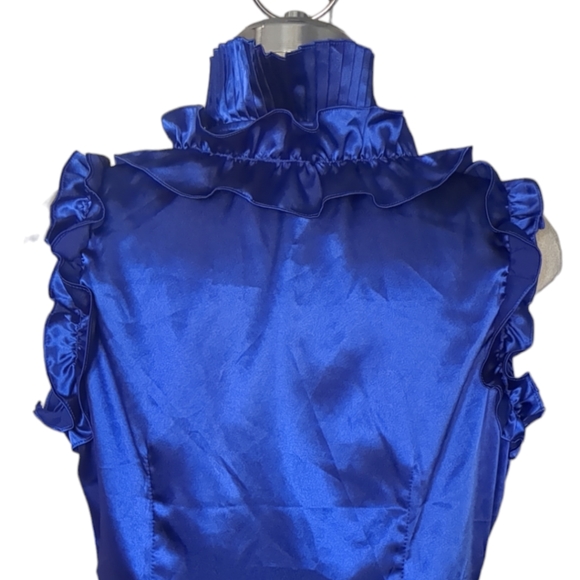 Antilia Femme Royal Blue Satin Designer Ruffle Blouse Size L - Picture 5 of 16